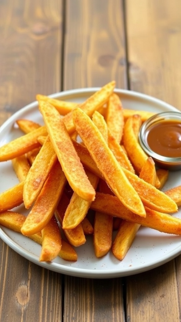 Crispy air fryer apple fries on a plate with caramel sauce for dipping.
